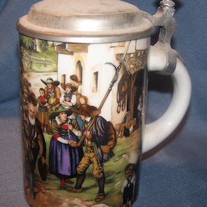Schrobenhausen Porcelain Stein - GERMANY - Town scene with Villagers - Lidded Beer Stein/Tankard