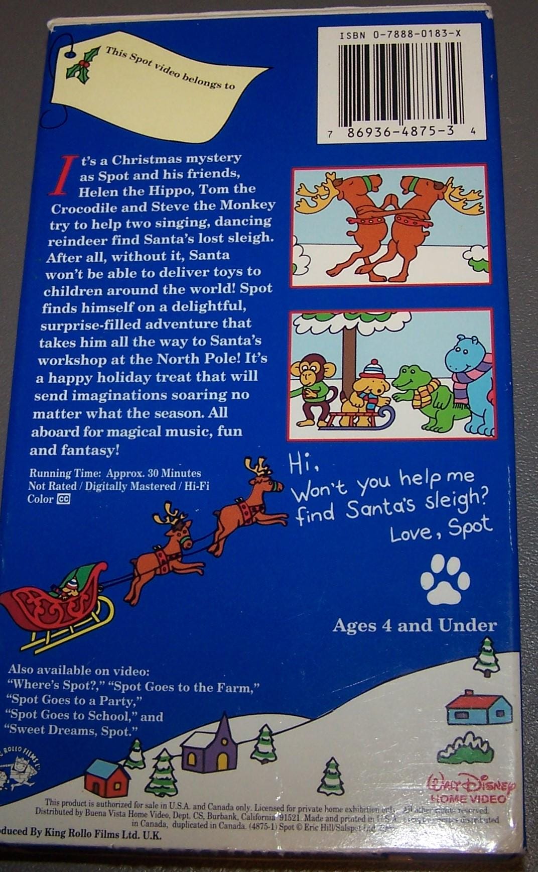 Disney Presents SPOT'S MAGICAL Christmas by Eric Hill VHS - Video