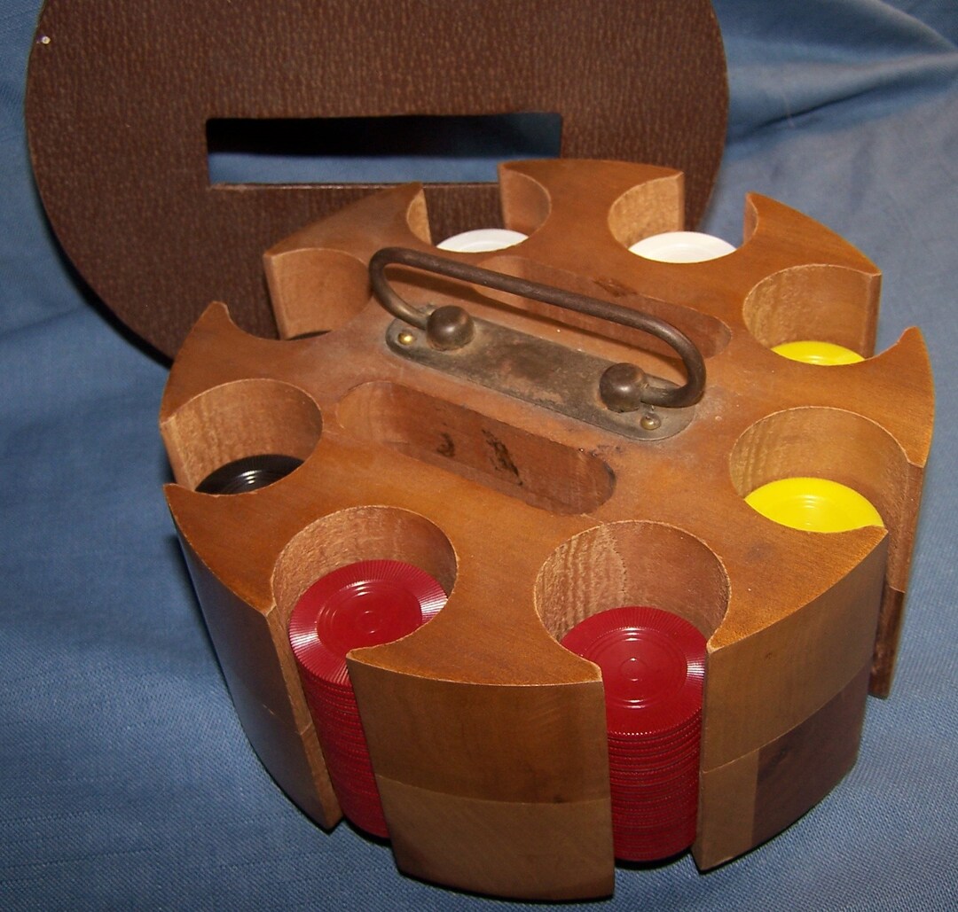 Vintage Wooden Poker Chip Carousel 2 Deck Card Holder Etsy