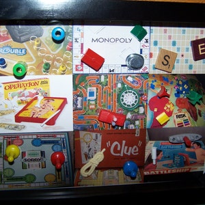 Vintage GAME SHADOW BOX con piezas de juego - 8&quot; x 10&quot; - Personalizable