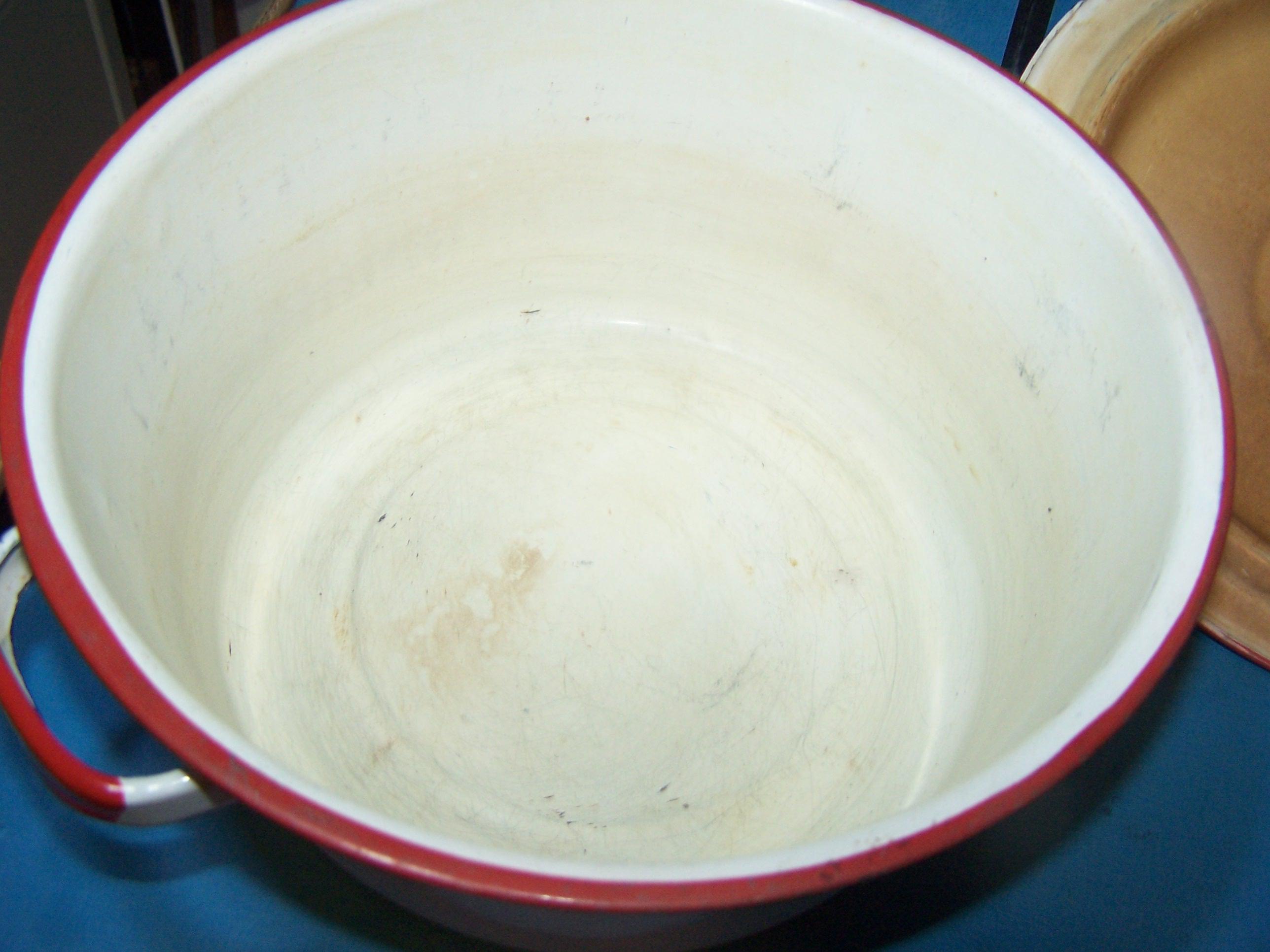 Vintage White Red Trim Enamelware Handled Pot - Farmhouse - Has 9