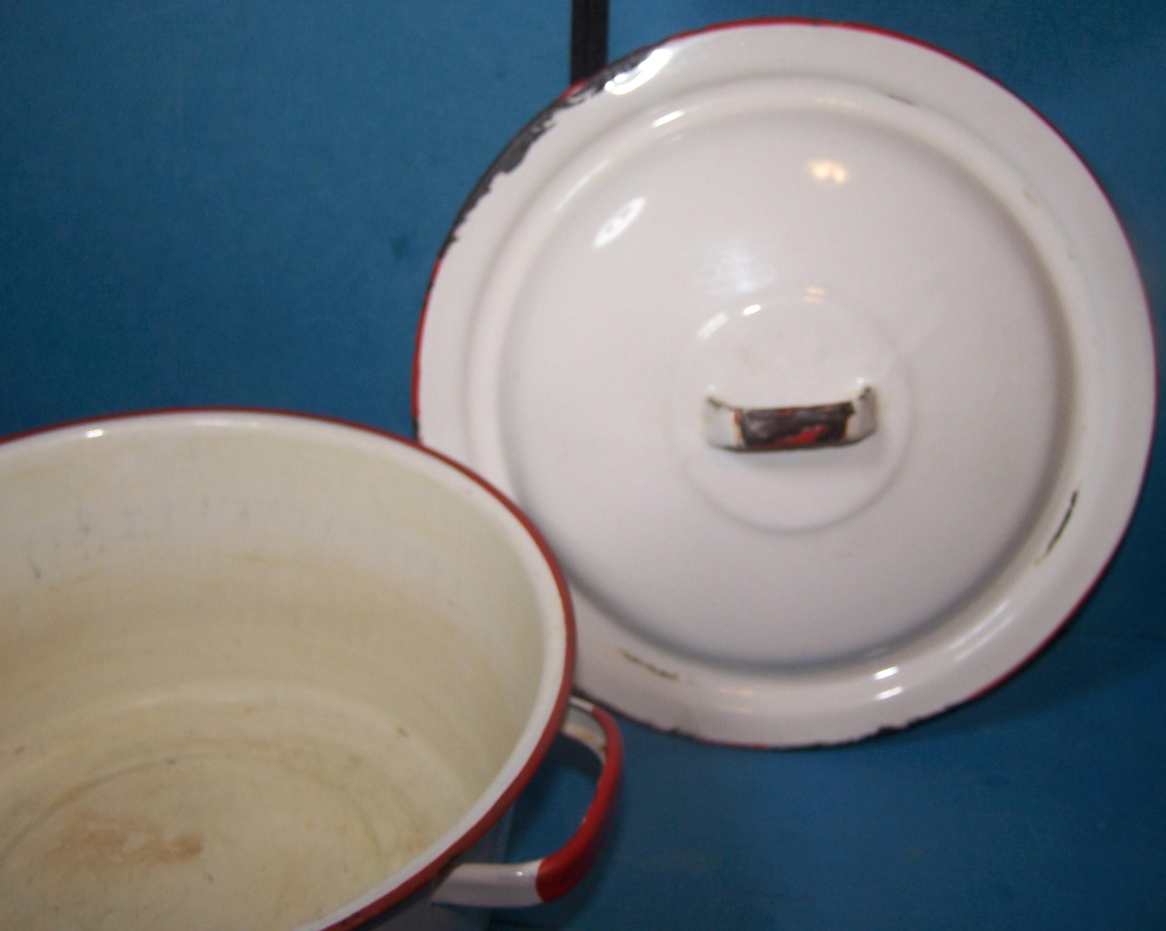 Vintage White Red Trim Enamelware Handled Pot - Farmhouse - Has 9