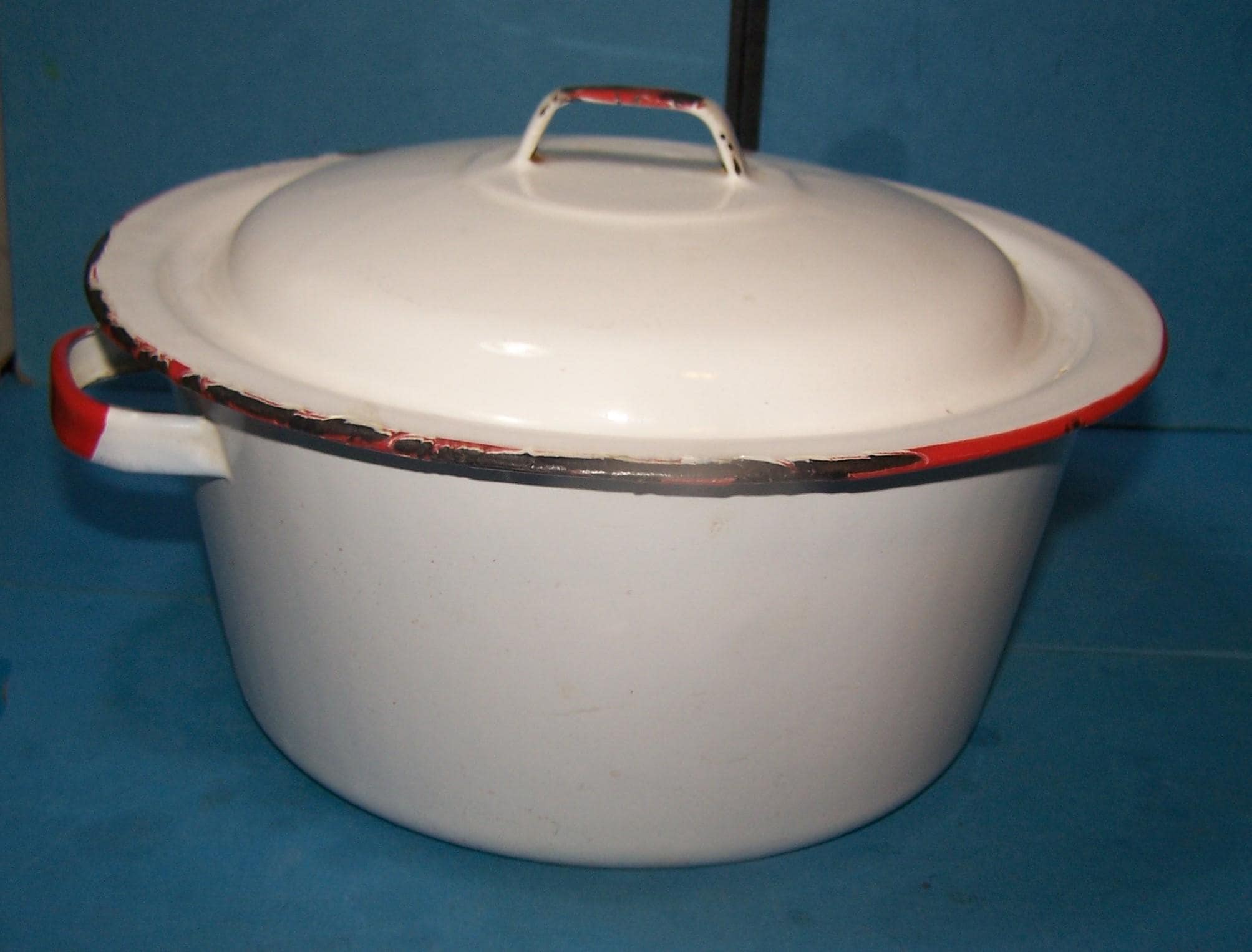 Vintage White Red Trim Enamelware Handled Pot - Farmhouse - Has 9