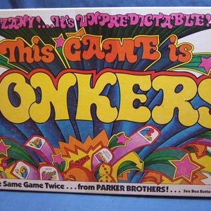 May include: A vintage board game box with a colorful design featuring the text "It's Zany... It's Unpredictable... This Game is Bonkers!" and the text "It's Never the Same Game Twice... from PARKER BROTHERS!"