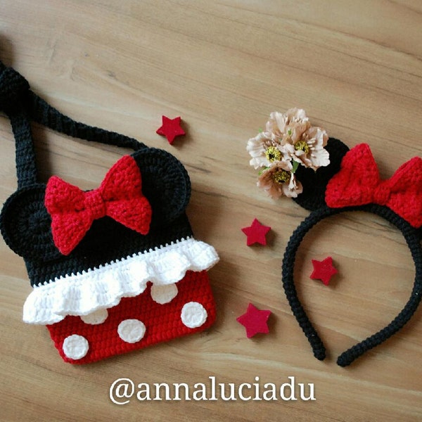 Minnie mouse and headband 2 patterns pack, crochet bags, crochet purse, Minnie mouse, crochet bows, PDF Instant Download