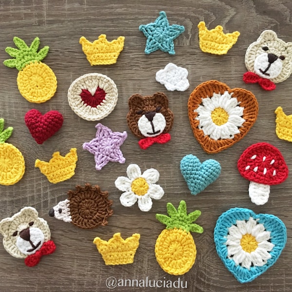 Crochet Applique Pattern Pack: Bear, Crown, Heart, Daisy (PDF Download)