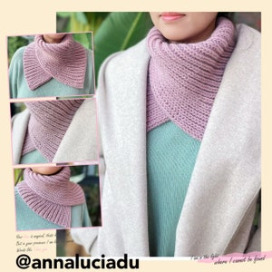 May include: A close-up of a pink knitted cowl neck scarf. The scarf is folded over and worn around the neck. The scarf is made with a simple knit stitch and has a soft, drapey texture. The scarf is worn over a light green jumper and a white coat. The text "Your love is magical, that's all. But in your presence I am lost for words like I love you." and "@annaluciadu" are written below the image. The text "I am in the light where I cannot be found" is written below the image on the right side.