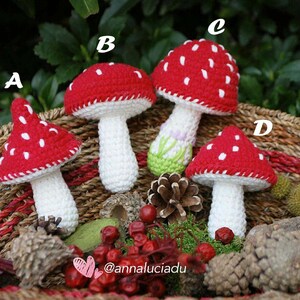 May include: Four crocheted red and white mushroom toys with white stems in a wicker basket with green moss, pine cones, and red berries. The mushrooms are labeled A, B, C, and D.