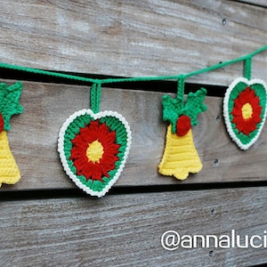 Guirlande de Noël au crochet : décoration des Fêtes en forme de cloche et de coeur (Modèle PDF)