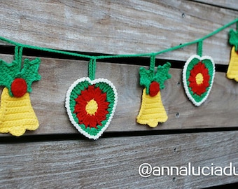 Crochet bell, christmas garland, crochet garland, heart garland, flower garland, PDF INSTANT DOWNLOAD