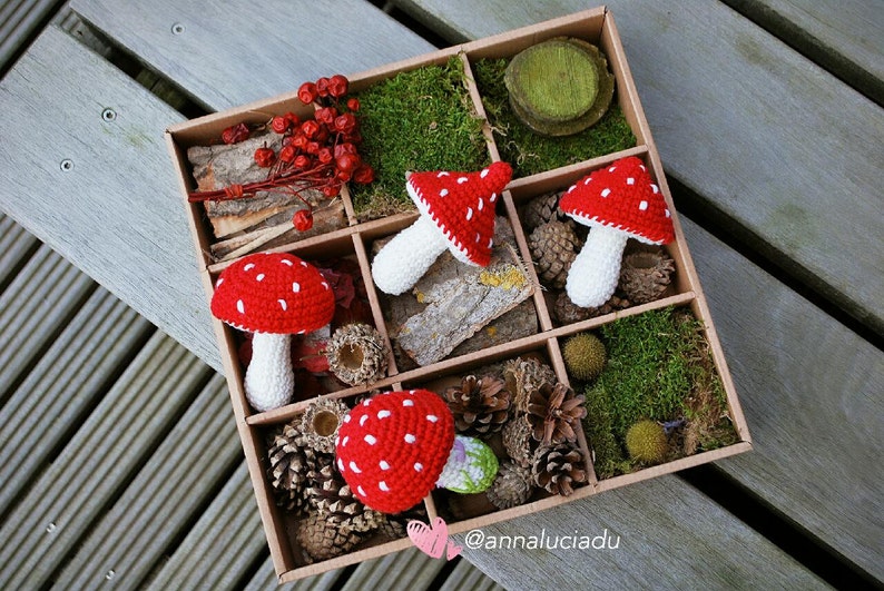 May include: A wooden box filled with moss, pine cones, and four crocheted red and white mushrooms. The box has a brown background and the mushrooms are arranged in the box.