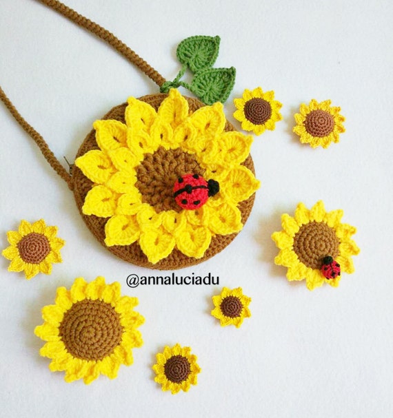 Crochet Sunflower Bag Pattern: Ladybug & Leaf Appliques (PDF Download)