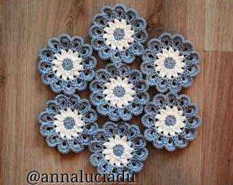 Crochet coasters, Crochet Flowers, Applique, Grey, Crochet Daisy, Crochet Motif, Flower Motif, Crochet Blanket, PATTERN - INSTANT DOWNLOAD