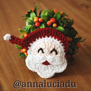 May include: A crocheted Santa Claus face with a red hat and white beard. The Santa face is smiling with black eyes and a red mouth. The Santa is placed in front of a green and red floral arrangement. The text "@annaluciadu" is at the bottom.