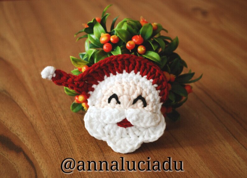 May include: A crocheted Santa Claus face with a red hat and white beard. The Santa face is smiling with black eyes and a red mouth. The Santa is placed in front of a green and red floral arrangement. The text "@annaluciadu" is at the bottom.