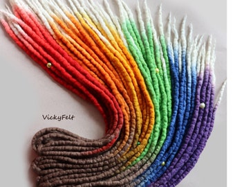 Regenbogen Wolle Dreads 30 DE bis Komplettes Set 14-32 Zoll Ombre Dreadlocks Endungen DE „Regenbogen“ Schwarzwurzeln auf Anfrage