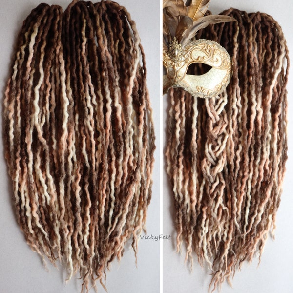 Thin wavy Wool Dreads DE dreadlocks 10 to 70 double ended extensions Brown Cream Peach  14 to 32 inch