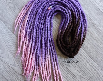 Ombre Wool Dreads, Ddreadlock Extensions, Purple Brown, Merino dreadlocks, 15 DE - Full Set