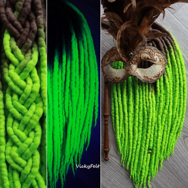Neon Wool Dreads extensions Double Ended Dreadlock UV Neon Green 15 DE to Full set, 14 to 32 inches Black or brown roots are possible