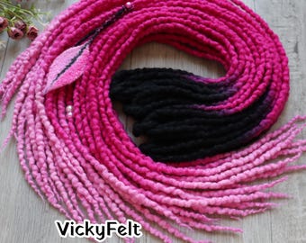 Wool Dreads, Dreadlock Extensions, lightweight double ended dreads, Hot Pink, 10 DE - full set