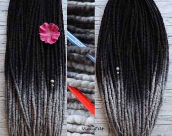 Black Wool Dreads, Double Ended Dreadlock extensions, Ombre Black - Gray, 15 DE - Full Set