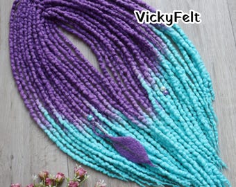 Wool Dreads, Dreadlock Extensions, Double Ended Dread, Purple Turquoise Hair, 10 DE - full set