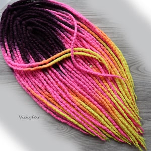 Neon Wool Dreads extensions Double Ended Dreadlock UV &quot;Сomet&quot; 15 DE to Full set, 14 to 32 inches Ombre Dark purple Pink Orange Yellow
