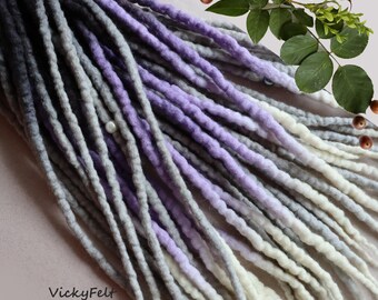 Ombre Wool Dread Extensions, Double ended Dreadlocks, Black Gray Lavender, 15 DE Full set