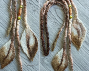 ONE long 22" decorated dreadlock Wool Dreads extensions - branches, twigs, roots, leaves "Bird feather"