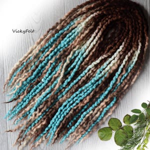 Thin Wavy Wool Dreads dreadlocks 15 DE to full set Double ended extensions Brown Cream Peach wavy Accents &quot;Teal&quot;