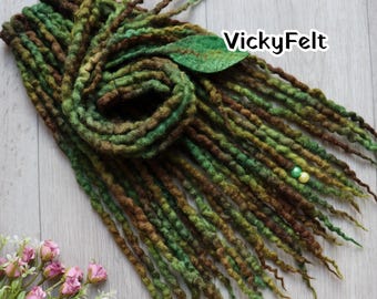 Wavy Wool Dread Extensions, Double Ended dreadlocks, Green Brown, 5 DE - full set (14-32")