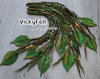 Accent Wool Dreadlock Extensions, Green Forest, Branch & Leaf, Clip in Dreads, Four- 21-22"
