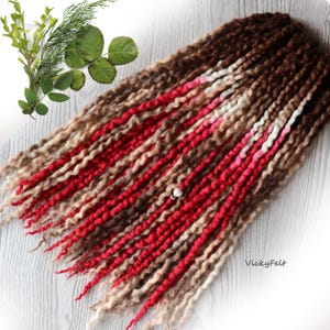 Thin Wavy Wool Dreads dreadlocks 15 DE to Full set Double ended extensions Brown Cream Peach wavy Accents &quot;Juicy Cherry&quot;