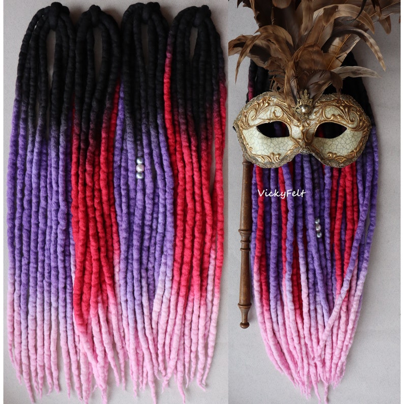Wool Dreads Ombre 15 DE to Full Set Dreadlocks Extensions length 14 to 32 inches Berry mood image 5