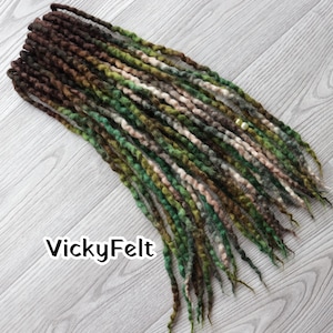 Wool Dreadlocks Extensions: Green Brown Ombre, Forest Fall Set (15 DE-Full set)