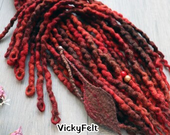 Wool dreads, Single Ended Dreadlock Extensions, Red SE With Loop, 10 SE - full set