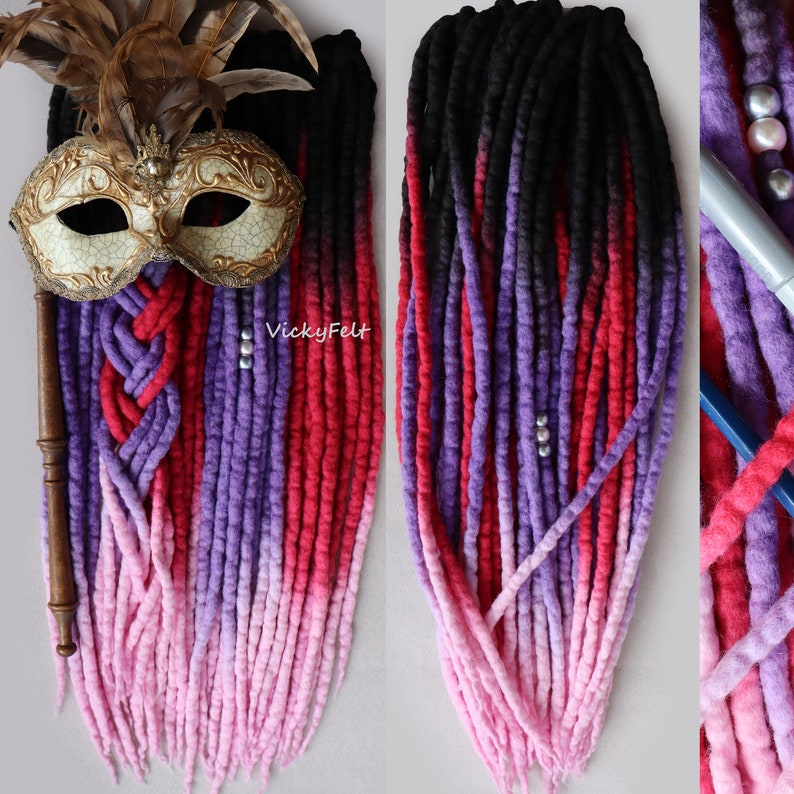 Wool Dreads Ombre 15 DE to Full Set Dreadlocks Extensions length 14 to 32 inches Berry mood image 2