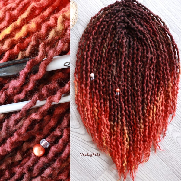 Thin Wool Dreads extensions 10-70 DE dreadlocks double ended Ombre Thin wavy "Fiery tips" with reddish brown roots