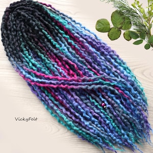 Wavy Wool dreads Thin 10-70 DE dreadlocks 14-32 inches Double Ended extensions Purple Blue Aqua Green ombre wavy Black roots