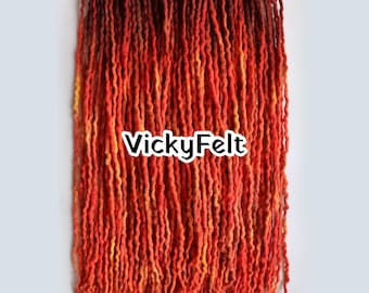 Thin Wool Dreads, Wavy Ombre Dreadlock extensions, Red Orange, 10 DE - Full Set. Flame