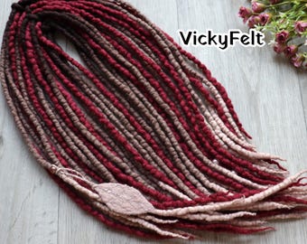 Wool dread extensions, Double Ended Dreadlocks, Dark Brown Red, braid in dreads, 15DE- FullSet