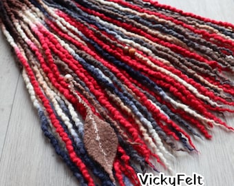 Thin Wavy Wool Dreads, Single Ended Dreadlocks, Brown White Gray Red hair extensions, 15 SE - FullSet