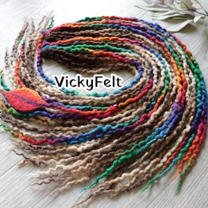 Wavy Wool Dreadlock Extensions: Thin double ended dreads, Brown Cream Accent Rainbow