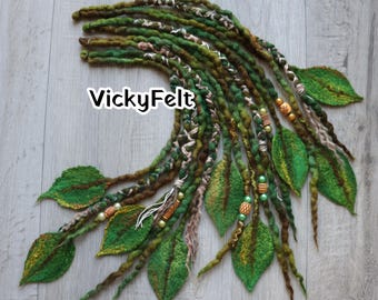 Accent Wool Dreads Extensions, Decorative dreadlocks with Leaves, 11 - 31 inches, Green Forest, made-to-order