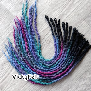 Wool Dreads: Braid-In Dreads, Purple Blue Aqua Green Ombre, Black Roots, Single Ended Dreadlocks