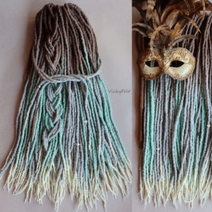 Ombre Wool Dreads 15-60 pcs Extensions dreadlocks Full Set 14-32 inches DE double ended wool extensions Brown to Mint or Grey