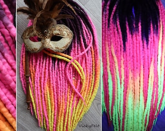 Wool Dreads extensions Double Ended Dreadlock UV Neon "Сomet" 15 DE to Full set, 14 to 32 inches Ombre Dark purple Pink Orange Yellow