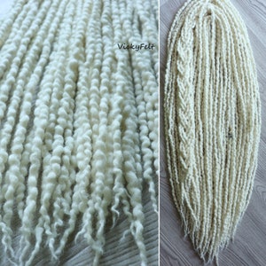 Wavy wool dreads extensions Thin white blonde Dreadlocks DE Set &quot;Natural white&quot; Double ended set 10 DE to full set, 14 to 29 inches