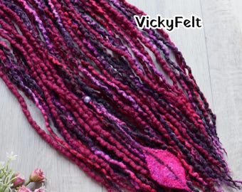 Thin Wool Dreadlocks Extensions, Wavy Double ended, Mix Brown Fuchsia , 20 DE- full set