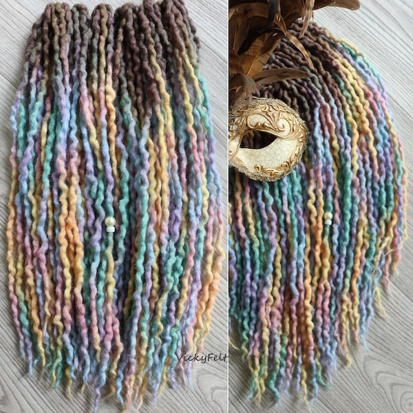 Thin wavy Wool Dreads  extensions Dreadlocks double ended 10 to 70 DE Pastel Rainbow Ash brown roots Сhoose length 14 to 32 inch